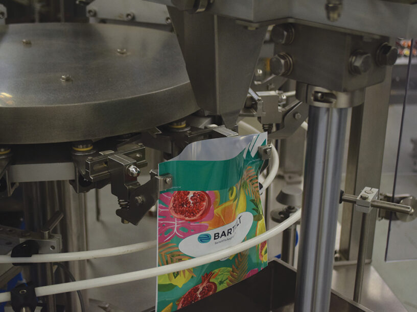 Close up of the BPM-6 pre-made rotary poucher being filled